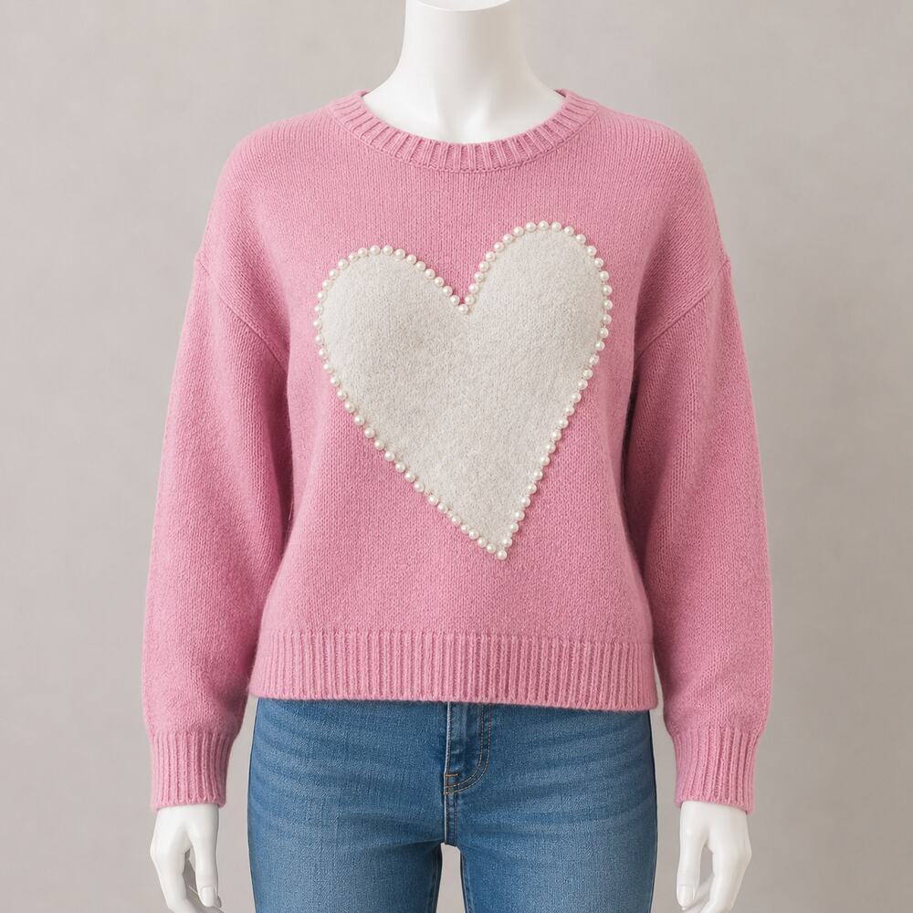 Pink Rose Pink Heart Sweater Women’s Size Small Pearl Trim Cozy Knit Pullover
